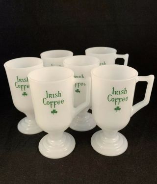 Vintage Set (6) Milk Glass Irish Coffee Shamrock Cup Mugs