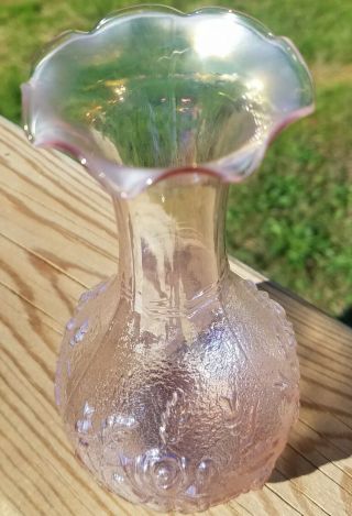 Imperial Carnival Glass Vase Pink Open Rose Vintage Marked Iridescent MCM 3