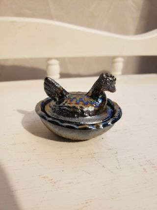 Vintage Blue Carnival Glass Chicken/hen On Basket/nest Miniature 2.  5 "