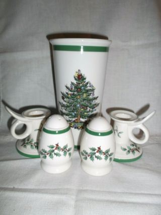 Spode Christmas Tree Tumbler & 2 Candle Holders & Salt Pepper Shakers