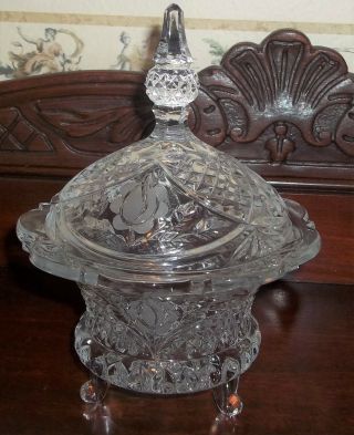 Vintage Lead Crystal 3 Footed Candy Dish With Etched Flowers