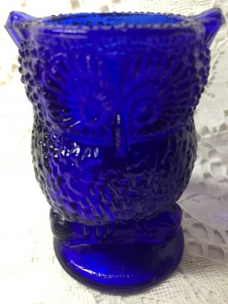 Cobalt Blue glass OWL Toothpick holder Bird screech art q - tip match royal stump 3