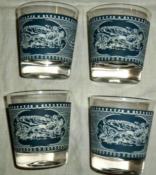 4 Royal China Blue Currier And Ives Manhattan Or On The Rocks Glasses.