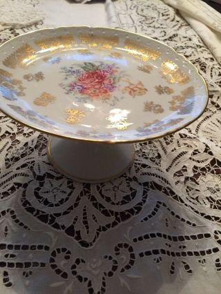 Vintage Porcelaine De France Hand Painted Gold Trim Pedestal Cake Plate