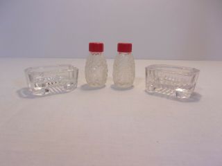 Vintage Hazel Atlas Salt & Pepper Shakers,  Clear Glass W/ Red Tops,  1 7/8 " Tall