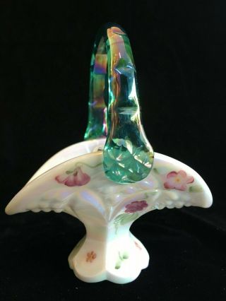 Vintage Art Glass Fenton Flowers White Iridescent Miniature Basket W/green Handl