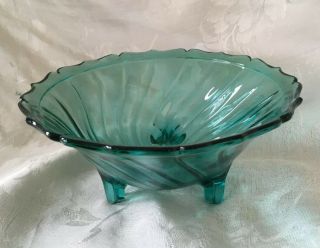 Vintage Jeannette Glass Ultramarine Teal Petal Swirl 3 Footed Open Candy Dish