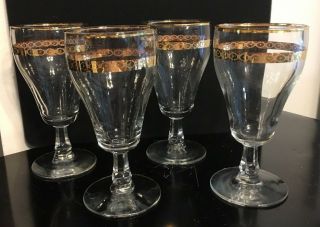 4 Antique Clear Water Glass Goblets W/ Gold Bands 6 " Lovely Great For Fall