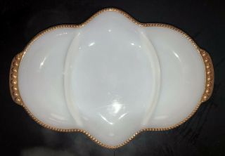 Vintage Fire King Milk Glass Divided Relish Dish/tray White W/gold Trim Usa Made