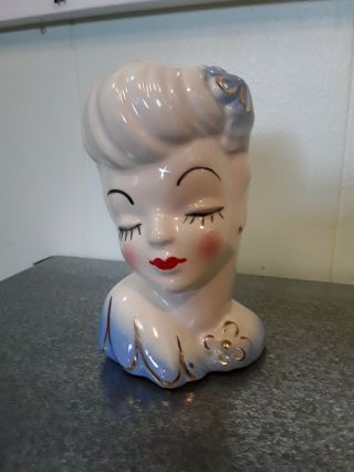 Vintage Lady Head Vase White & Blue Red Lips Kitsch Mid Century Decor 50 