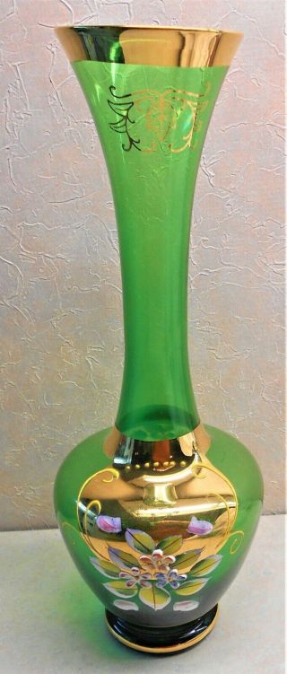 9 " Bohemian Czech Glass Bud Vase Green 24k Gold & Hand Painted