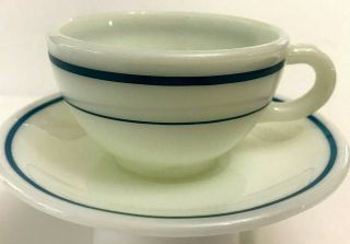 Pyrex Vintage Cup And Saucer White With Turquoise Blue Stripe Trim 1950s