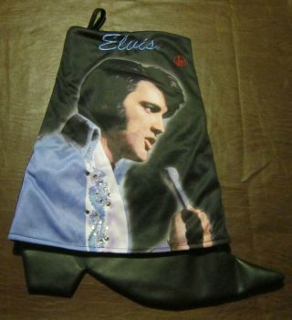 Stitched Elvis Presley Photo Blue Rhinestone Suit Christmas Stocking Boot Euc