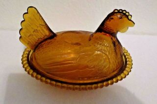 Vintage Amber Indiana Glass Hen On Nest Candy Dish Golden Yellow