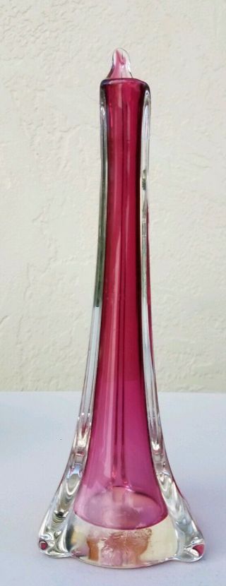Vintage Murano Segusto Sommerso Hand Blown Stem Vase Deep Pink Clear 8.  5 " Tall