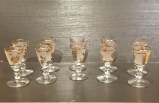 Set Of 10 Vintage 1960’s Libby Frosted Gold Leaf Cordial Glasses