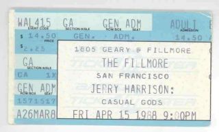 Jerry Harrison Casual Gods 4/15/88 San Francisco Ca Ticket Stub Talking Heads