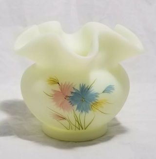 Vintage Fenton Hand Painted Flowers Custard Ruffled Rose Bowl Vase Artist Signed