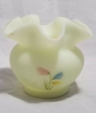 Vintage Fenton Hand Painted Flowers Custard Ruffled Rose Bowl Vase Artist Signed 4
