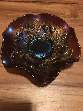 Northwood Carnival Glass Small Purple Footed Ruffled Bowl Strawberry Design