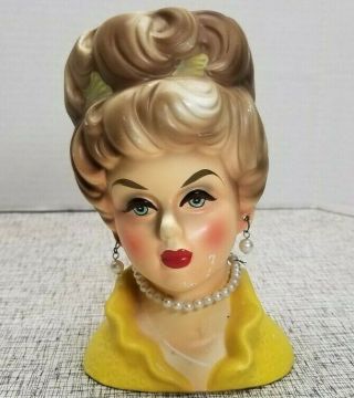 Vintage Japan 4104 Yellow Dress Blue Eye Blond Lady Head Vase Pearls Earrings