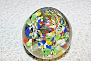 Vintage Art Glass Paperweight With Flowers 2 1/2 