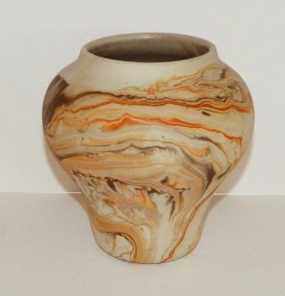 Nemadji Pottery Vase Brown Orange Swirl 6 " Tall