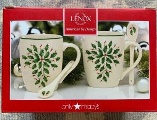 Lenox Holiday Cocoa Mugs With Spoons,  Ivory,  Set Of 2 - 14 Oz Nib