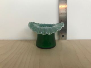 Vintage Emerald Green/white Cased Glass Crimped/ruffled Bowl 2.  75 " Tall X 4 " W