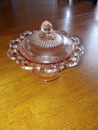 Anchor Hocking Lace Edge Old Colony Open Lace Pink Candy Dish Compote With Lid