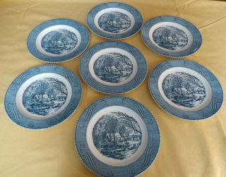 Set Of 7 Royal China Currier & Ives Old Grist Mill Blue/white 10 " Dinner Plates