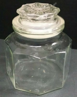 Vintage Anchor Hocking Clear Glass Canister With Lid,  Octagon - Shaped,  6 - 1/2 "