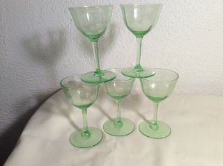 Set Of 5 Green Depression Glass Stemmed Wine Glasses