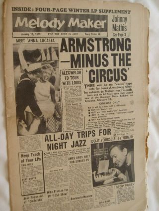 Melody Maker Pop Paper.  17th Jan.  1959.  Louis Armstrong,  Johnny Mathis Etc