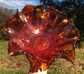 Marigold Carnival Glass Bowl Ruffled Edge Pressed Bottom Rainbow Colors 9”