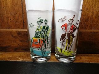 Vtg " Gay Nineties " Bar Glasses,  Gas Buggy And Bicycle For Two