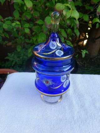 Vintage Cobalt Bohemian Czech Glass Lidded Candy Bon Bon Dish Hand Painted