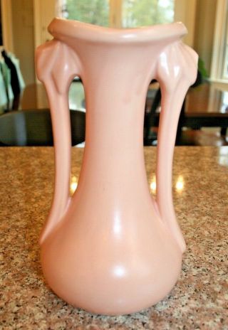 Vintage Mccoy Pottery 9 " Pink Double Handled Vase With A Leaf Pattern On Handles