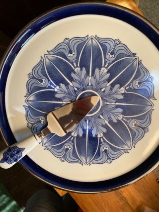 Large14.  5 " Bombay Company Blue And White Floral Porcelain Footed Cake Plate Heavy
