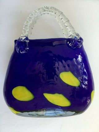 Vintage Blue Murano Style Hand Blown Studio Art Glass Purse Vase Handbag Planter