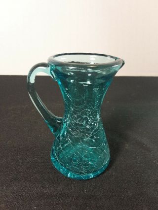 Vintage Hand Made Blue Crackle Glass Mini Pitcher