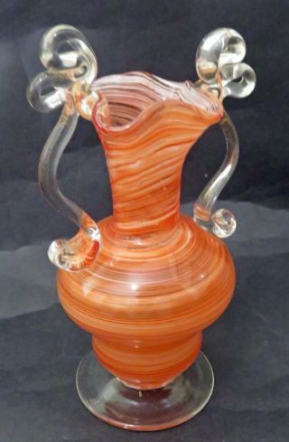 Vintage Murano Italian Art Glass Vase Footed,  Double Handled Orange Swirl