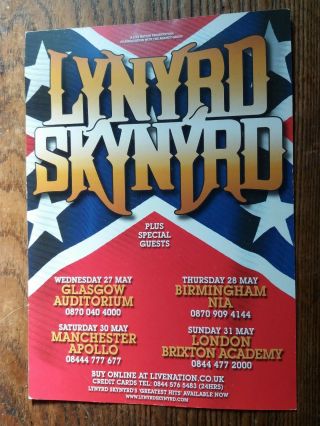 Lynyrd Skynyrd 2009 Tour Uk Flyer Small Poster Measures 8x6 Double Sided Card