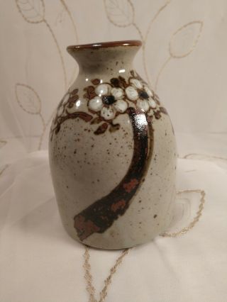 Handmade/hand - Painted Ceramic Tan/brown Vase With White Flowers 5 1/2 "