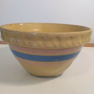 Vintage Yellow Ware Bowl Banded Blue & Pink Primitive Mixing Bowl