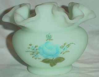 Fenton Pale Green Satin Glass Vase Blue Roses Ruffled Top/sgnd C Gearhart/3.  5 "