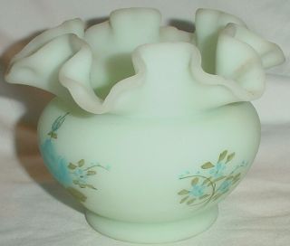FENTON PALE GREEN SATIN GLASS VASE BLUE ROSES RUFFLED TOP/Sgnd C GEARHART/3.  5 