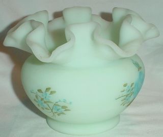 FENTON PALE GREEN SATIN GLASS VASE BLUE ROSES RUFFLED TOP/Sgnd C GEARHART/3.  5 