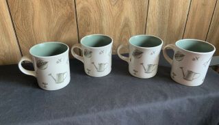Set Of 4 Pfaltzgraff Naturewood Coffee Cup Mug Garden Birdhouse Green White