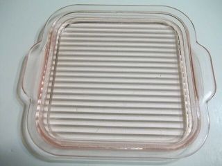 Vintage Pink Depression Glass Ribbed Square Refrigerator Dish Lid W/tab Handles